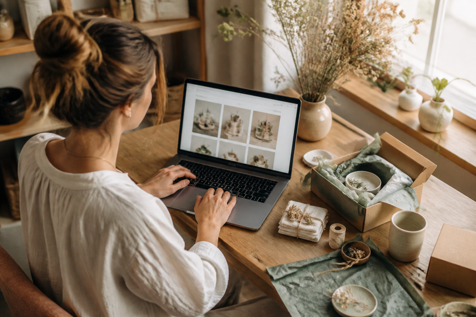 Storefront owner working from home at her desk