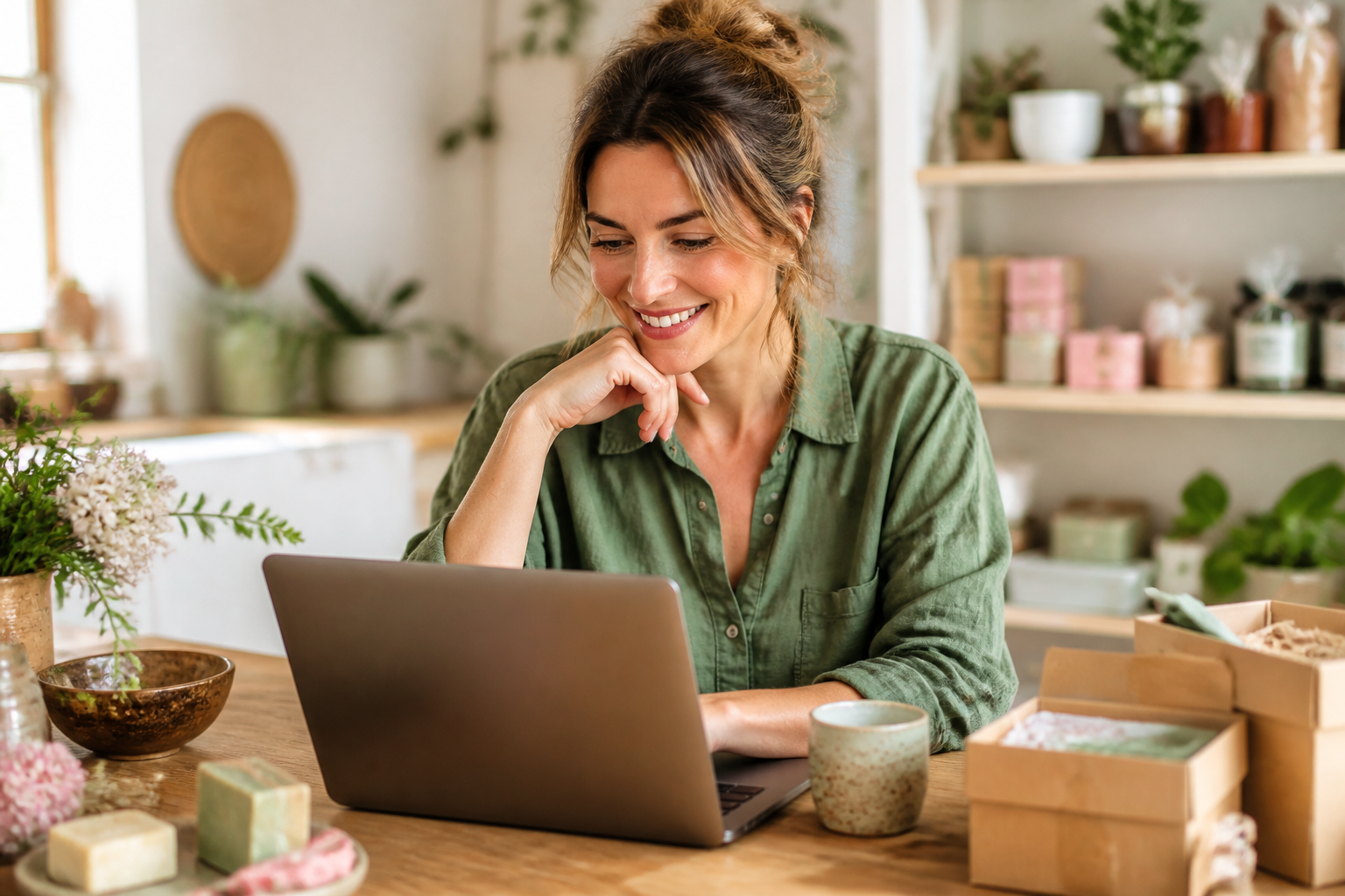 Happy shop owner reviewing her online store on a laptop at home