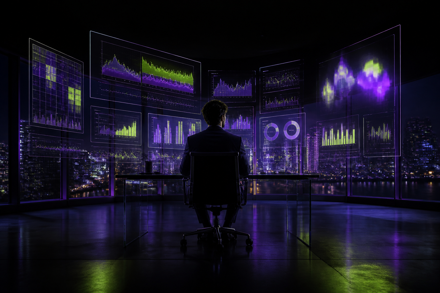 Futurist marketer with holographic data panels